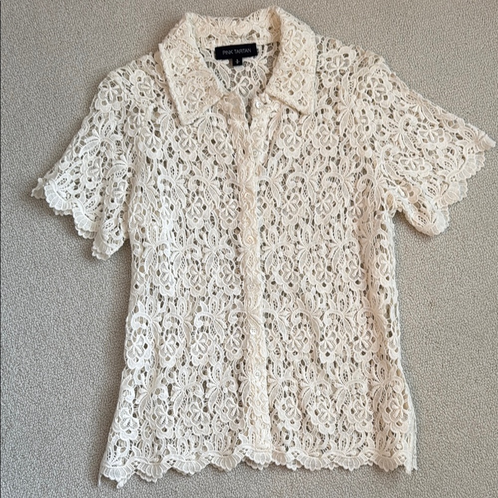 Pink Tartan Cream Short Sleeve Embellished Blouse